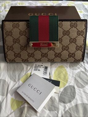 Gucci Beige Brown Monogram Wallet with Green-Red Stripe